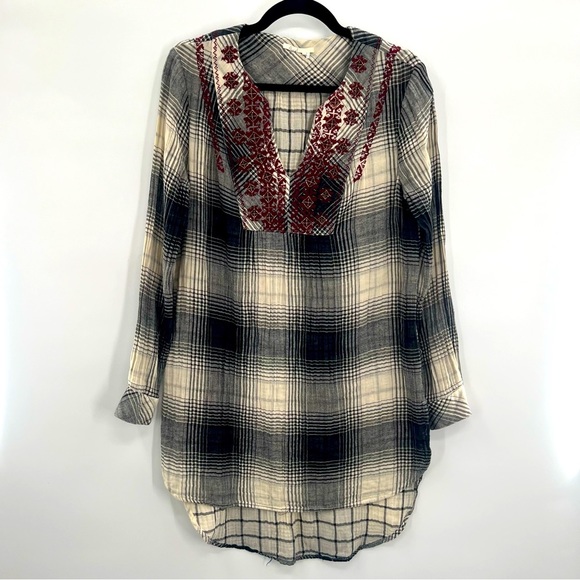 Anthropologie Floreat Plaid Floral Embroidered Flannel Tunic Blouse Shirt XS - Picture 5 of 13
